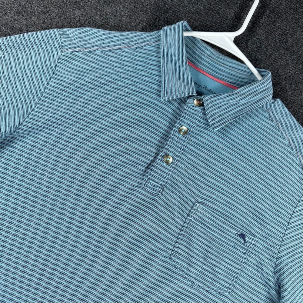 Tommy Bahama Polo Shirt Mens L Large Blue Striped IslandZone Pima Cotton Golf